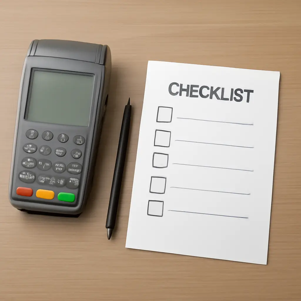 Бумажный чек-лист и ручка рядом с кассой