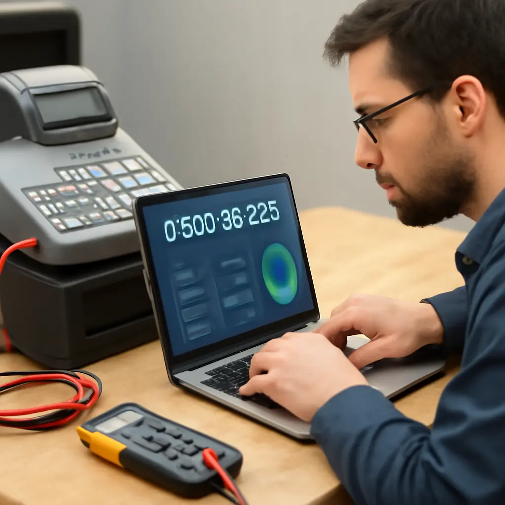 Техник выполняет диагностику кассового аппарата с ноутбуком