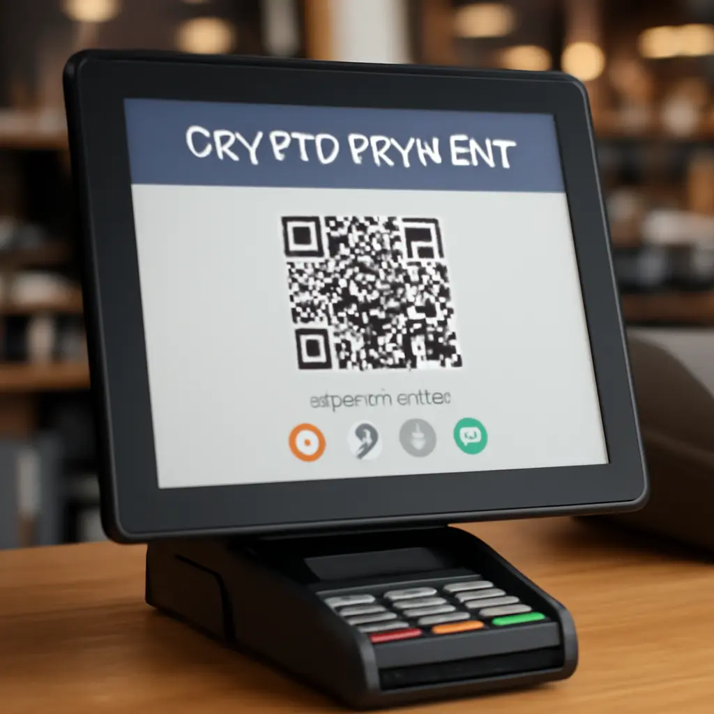 Экран кассы с опцией оплаты криптовалютой и QR-кодом