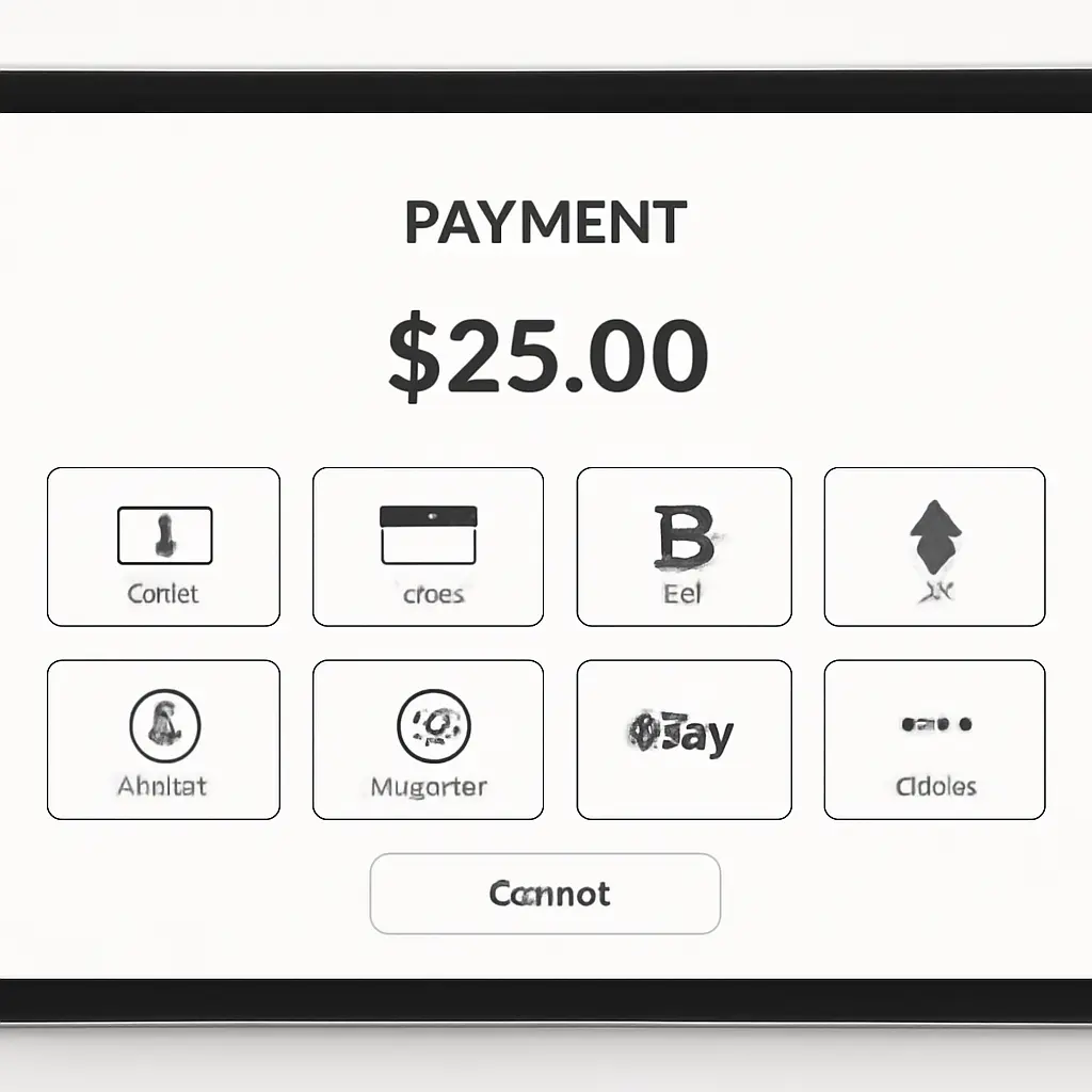 Экран кассы с интерфейсом приема криптовалют и обычных платежей