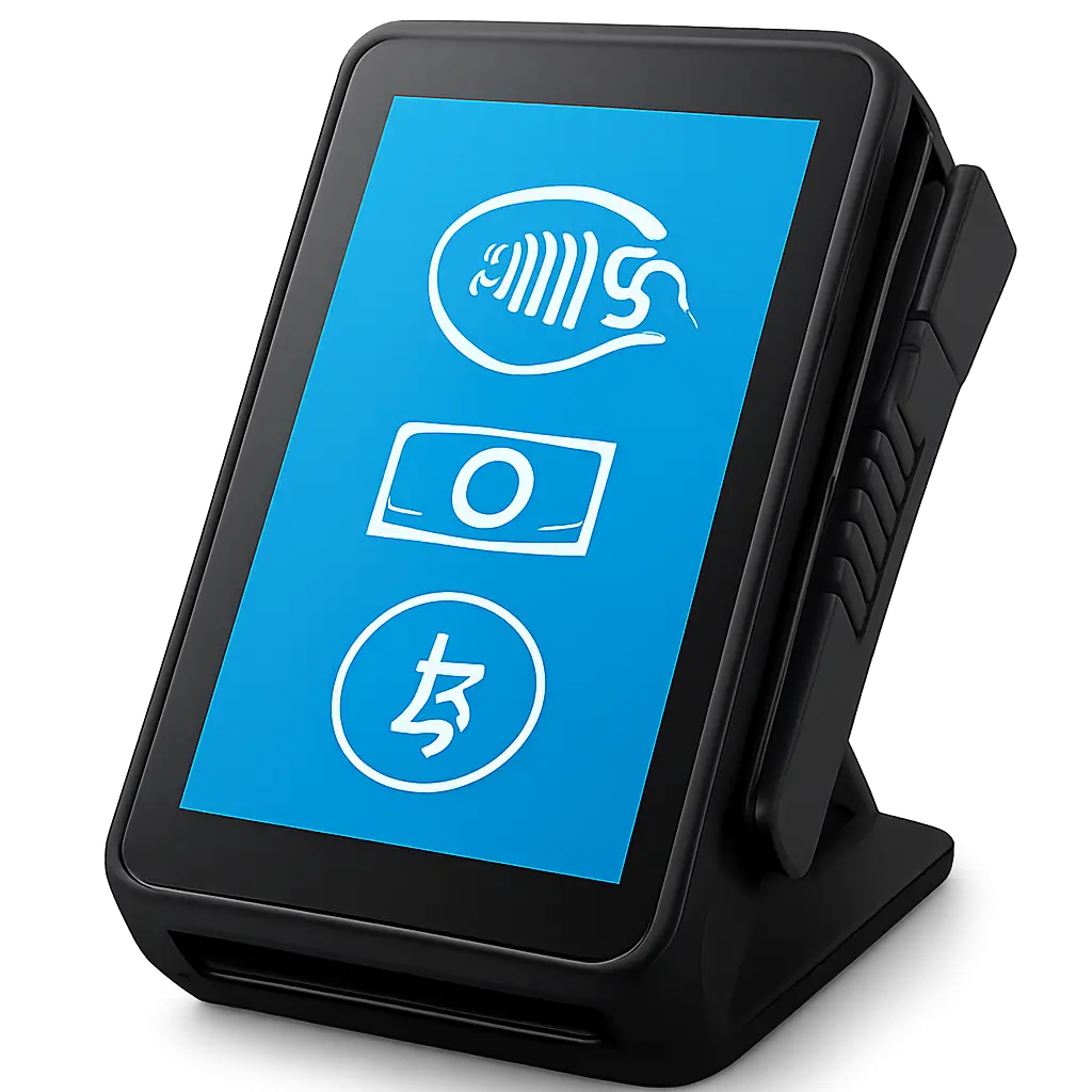 Сенсорный экран POS-системы с иконками карт, наличных и криптовалют