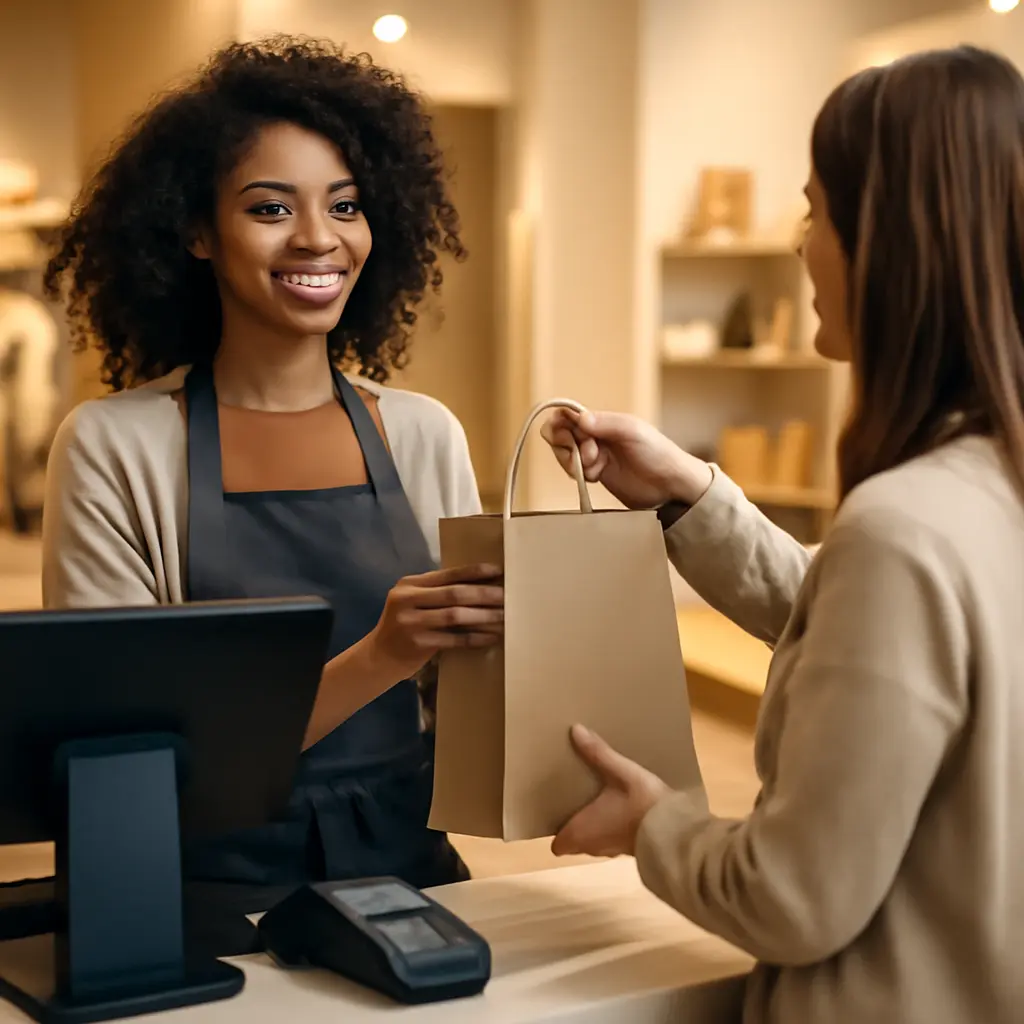 Кассир обслуживает клиента у фискальной кассы в магазине