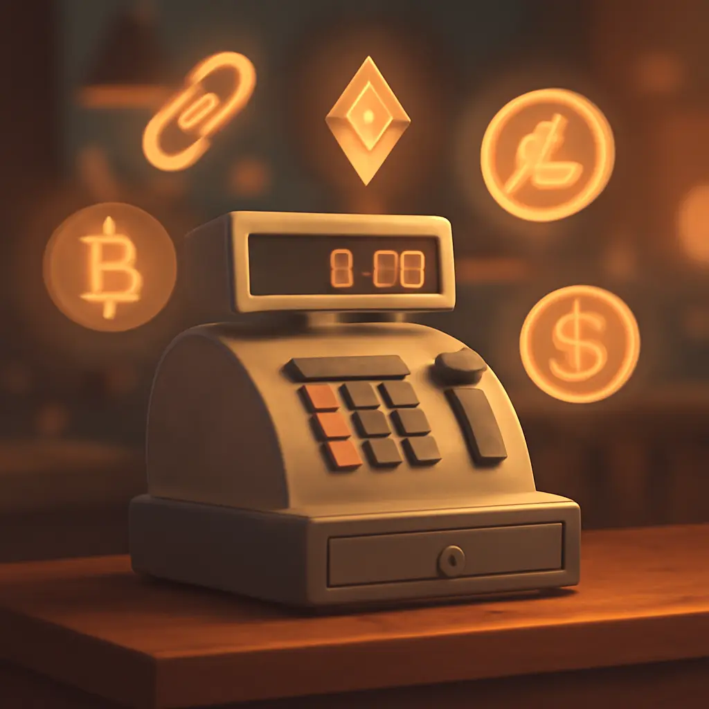 Касса и криптовалюта Касса для приёма платежей рядом с иконкой криптовалюты