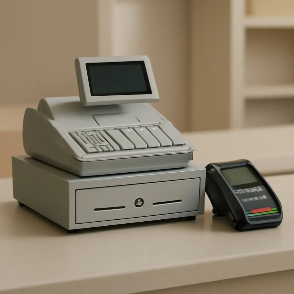 Кассовый аппарат рядом с POS-терминалом