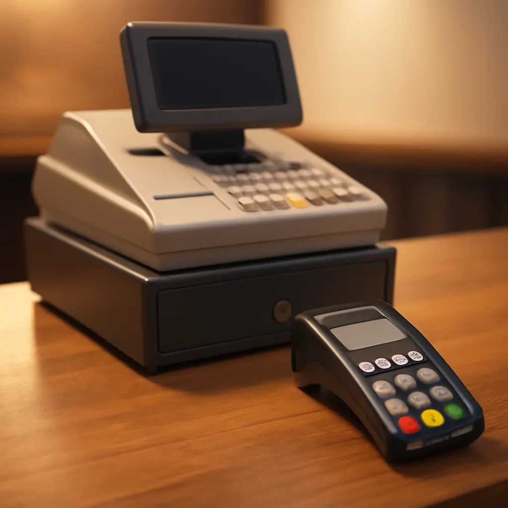 Общий вид кассового аппарата и платёжного терминала в магазине