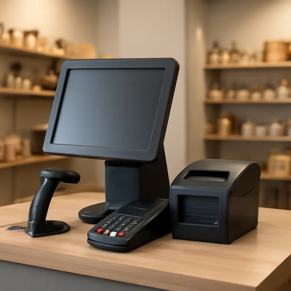 Касса на прилавке Стационарная касса на прилавке магазина с купюрами и картой