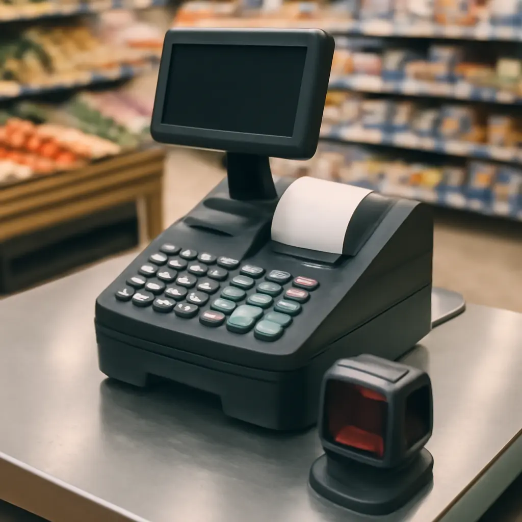 Портативная касса на прилавке магазина для приема наличных и карт