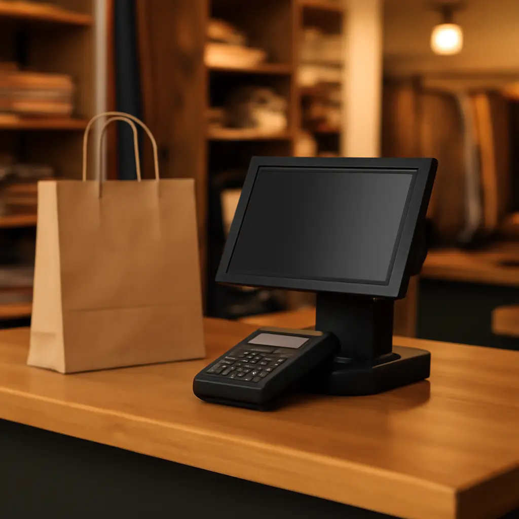 Касса в небольшом магазине Кассовый аппарат на прилавке небольшого магазина