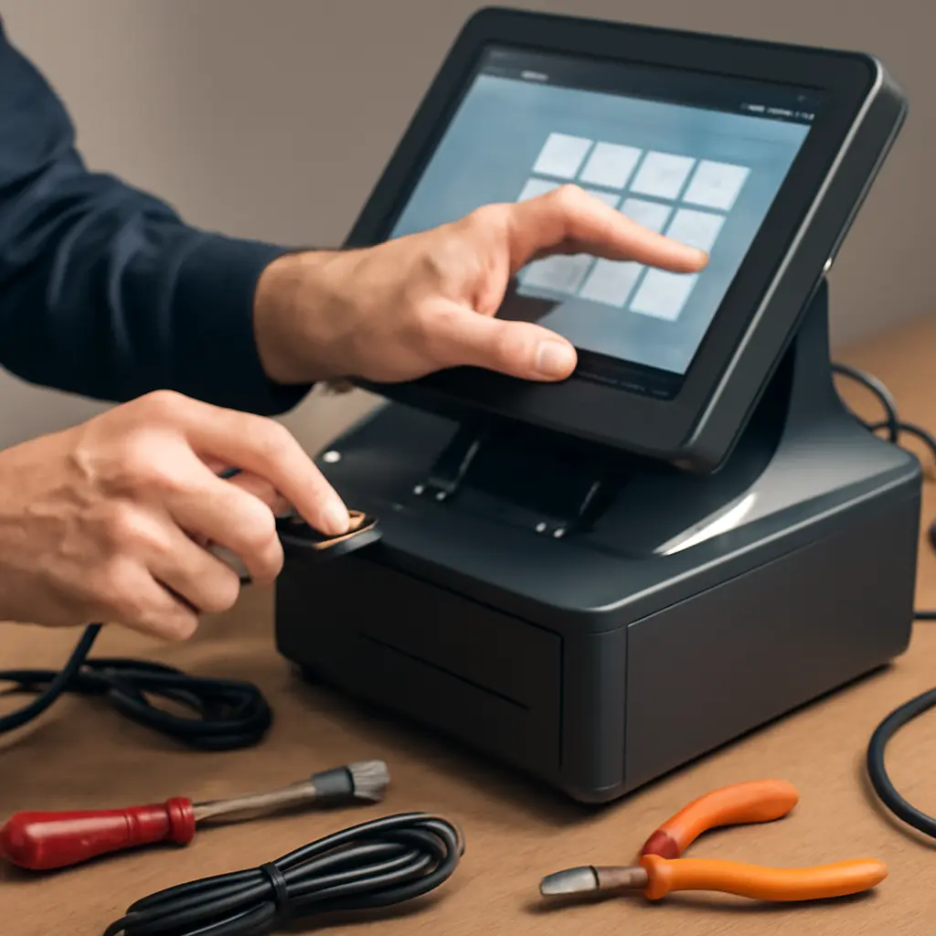 Настройка кассового аппарата Техник настраивает кассовый аппарат и подключает оборудование