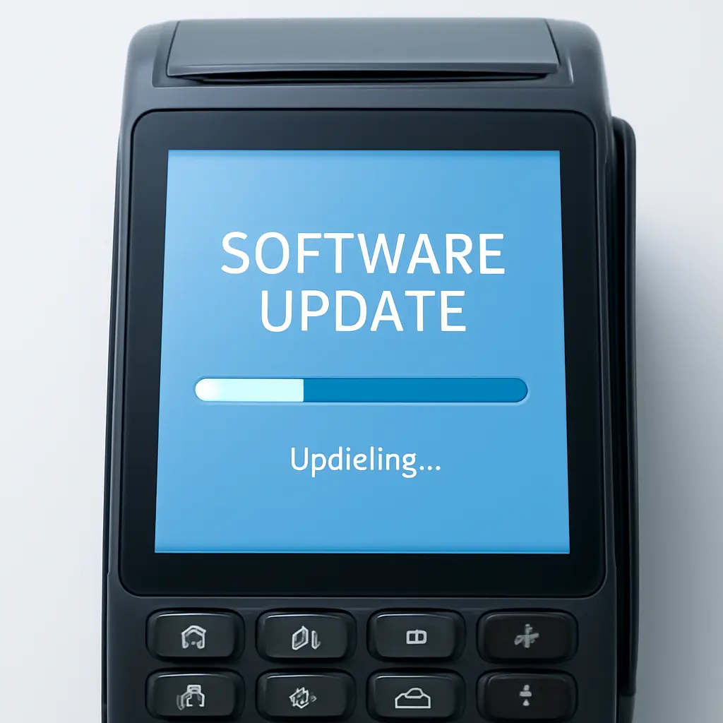Обновление программного обеспечения кассы Экран кассового терминала с процессом обновления программного обеспечения