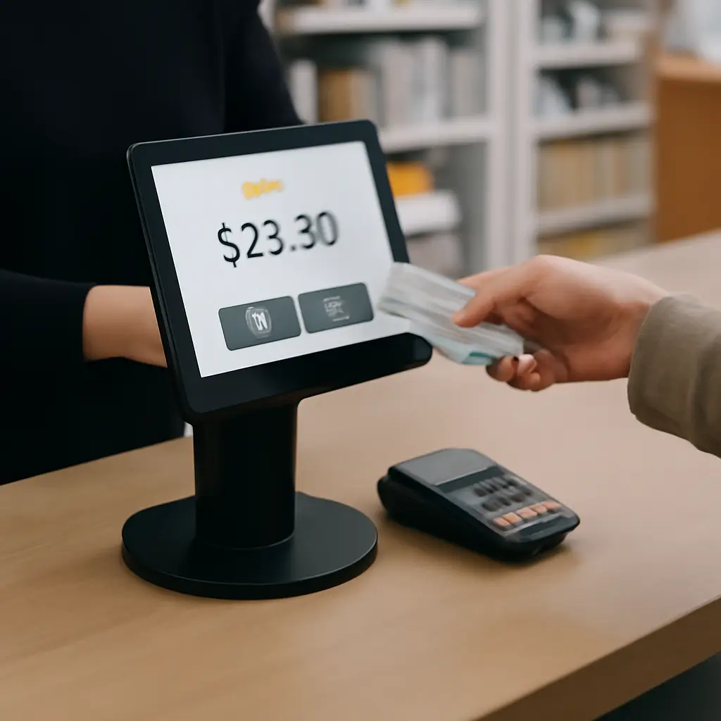 Онлайн-касса на прилавке магазина, клиент платит наличными