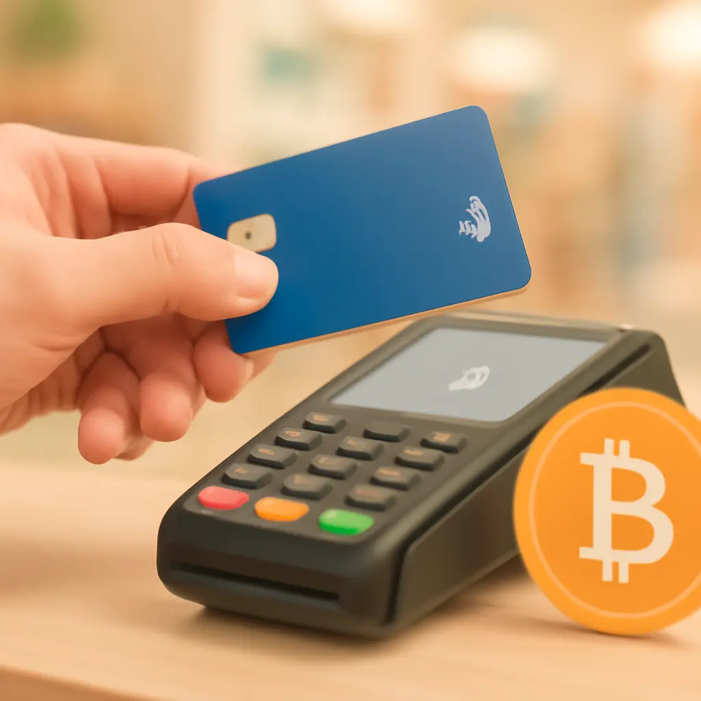 Оплата картой и криптовалютой Клиент оплачивает покупку картой, рядом иконка символизирующая криптовалюту