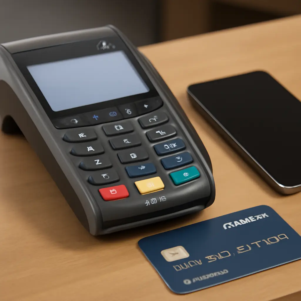 POS-терминал рядом с банковскими картами и смартфоном