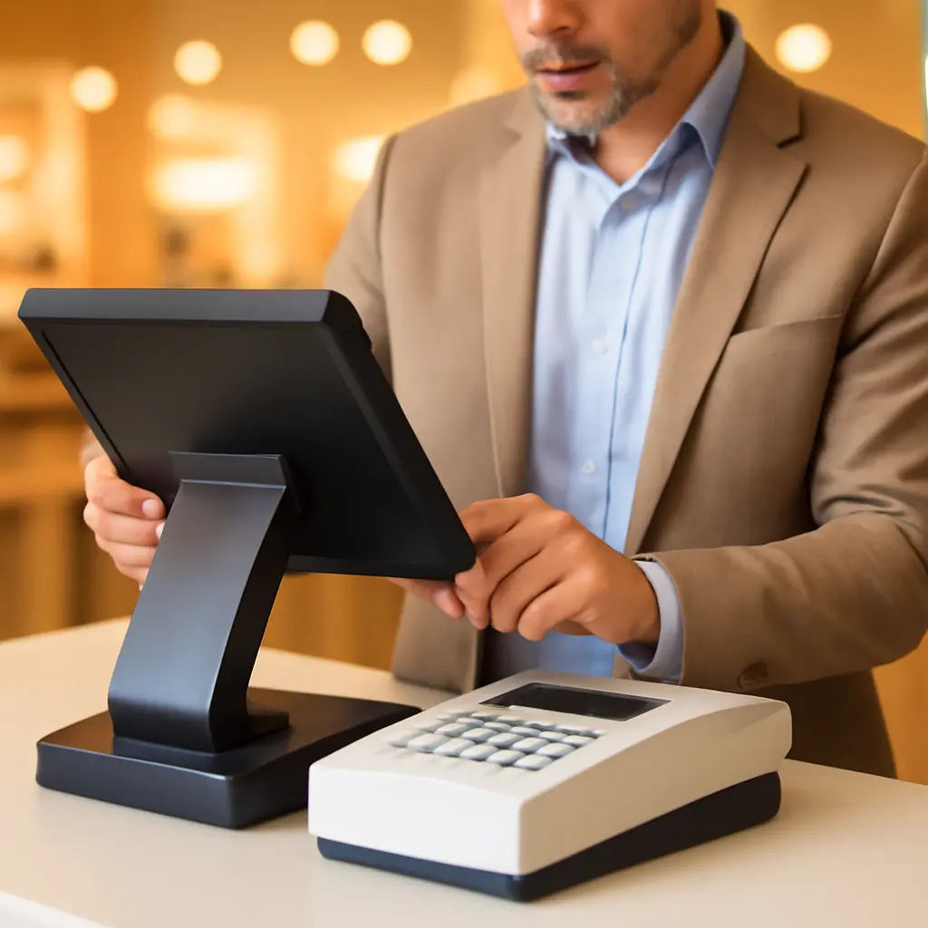 Проверка кассового оборудования Предприниматель проверяет кассовый аппарат и POS-терминал перед началом рабочего дня