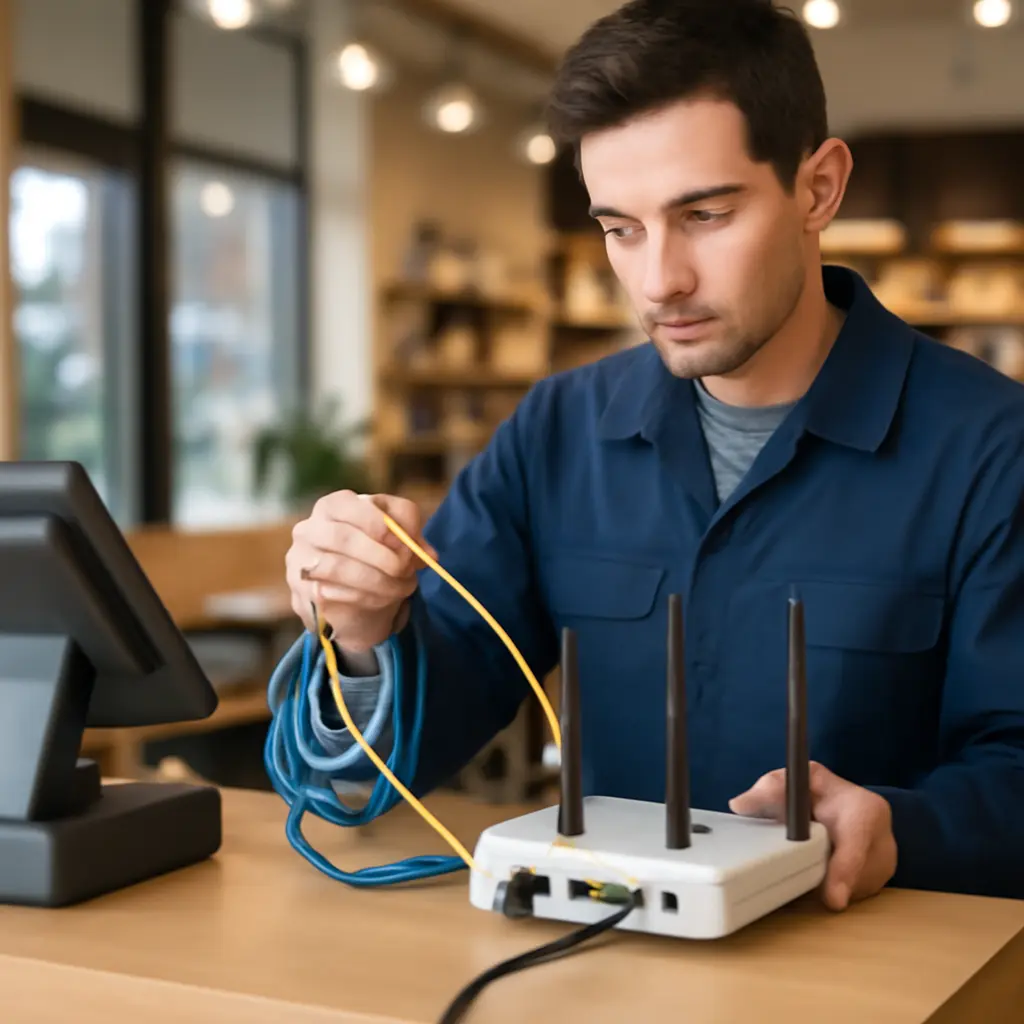 Проверка соединения Техник проверяет сетевые кабели и роутер рядом с POS-терминалом