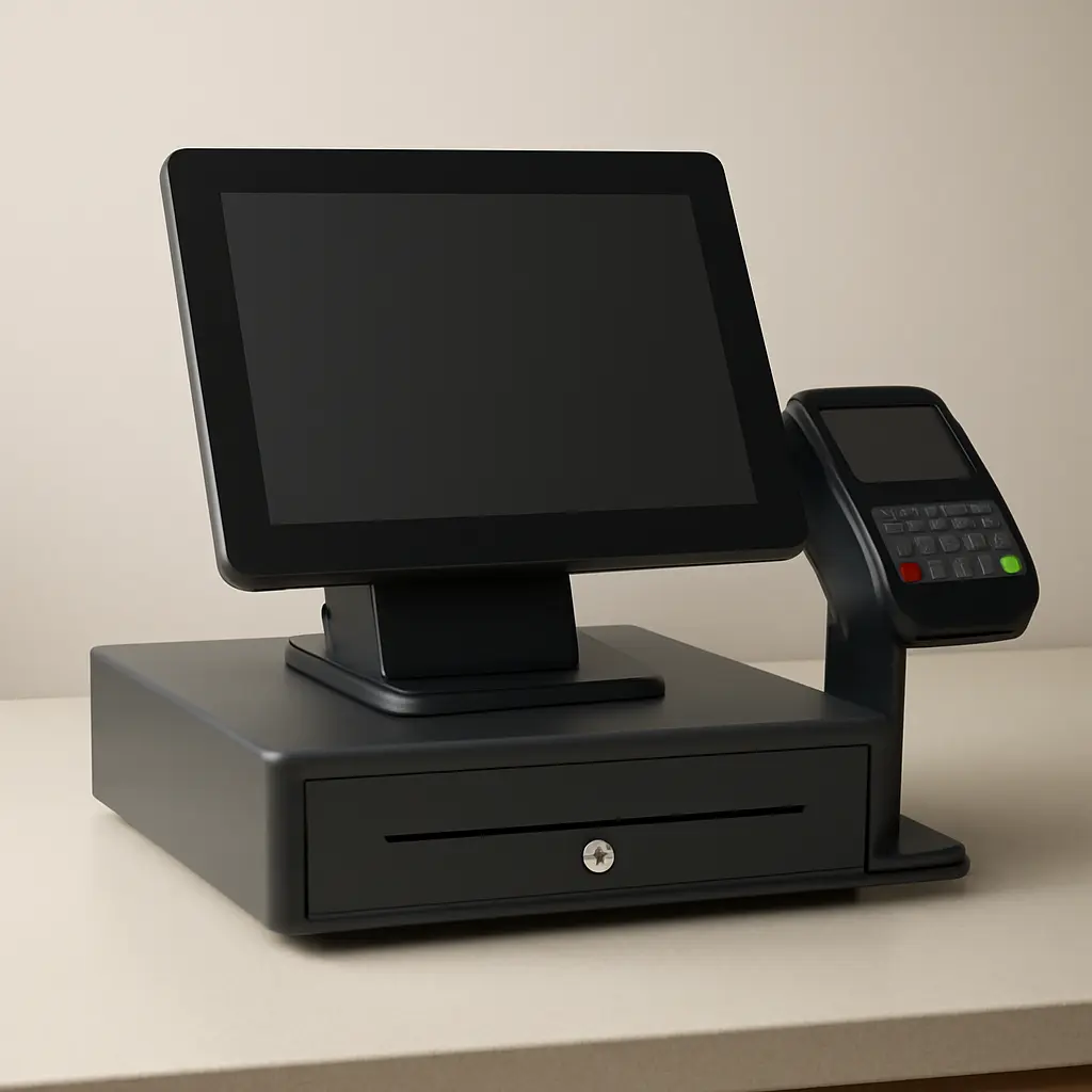 Современная касса и POS-терминал на прилавке магазина