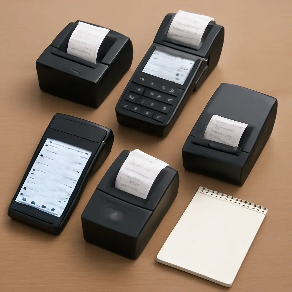 Несколько моделей онлайн-касс и блокнот с заметками для сравнения
