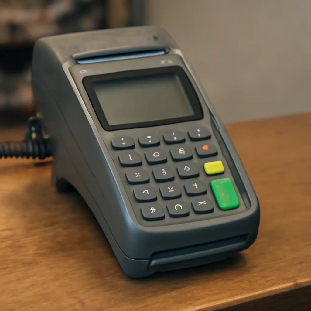 Старая касса и проблемы Изношенная POS-касса на прилавке магазина