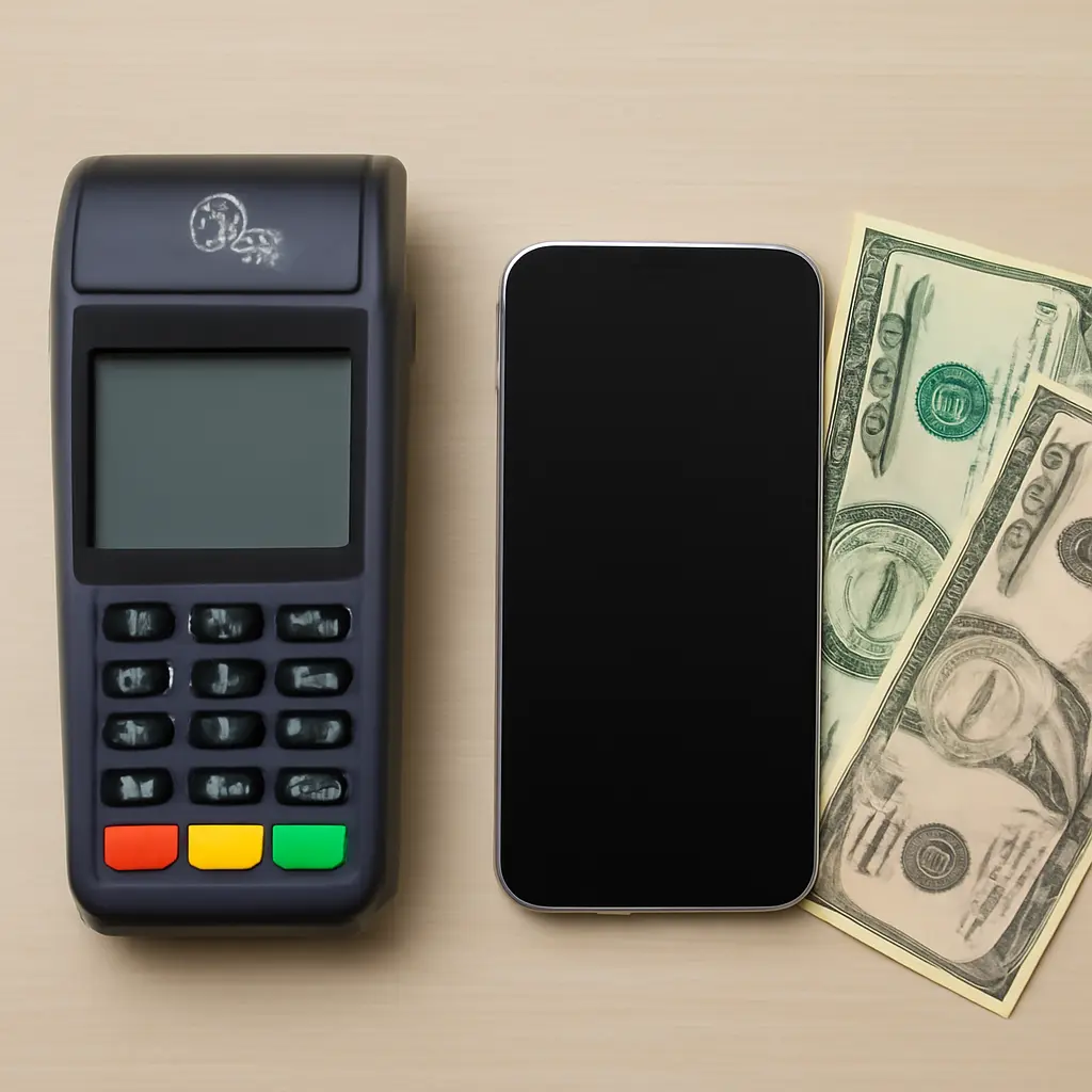 Терминал и смартфон Мобильный платежный терминал рядом со смартфоном и купюрами
